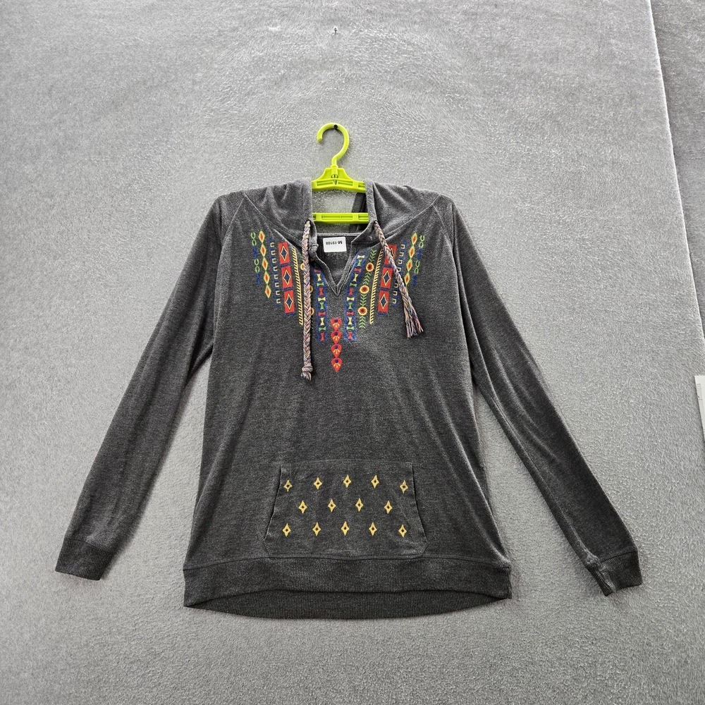 Panhandle Women Hoodie Gray Embroidered Graphic Geometric Pattern Boho